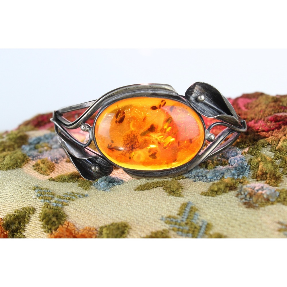 Vintage Sterling Silver Baltic Amber Art Nouveau Floral Hinged Cuff Bracelet 925
